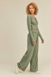 Button-Down Cropped Top & Wide Leg Set- Olive